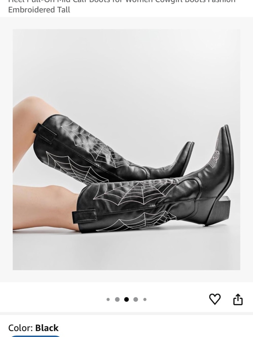 Amazon Black Western Knee-High Boots with White Spiderweb Stitching - Picture 2 of 8